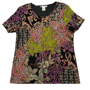 Half Moon Bay Boho Patchwork Top M Multicolor Floral Paisley Short Sleeve